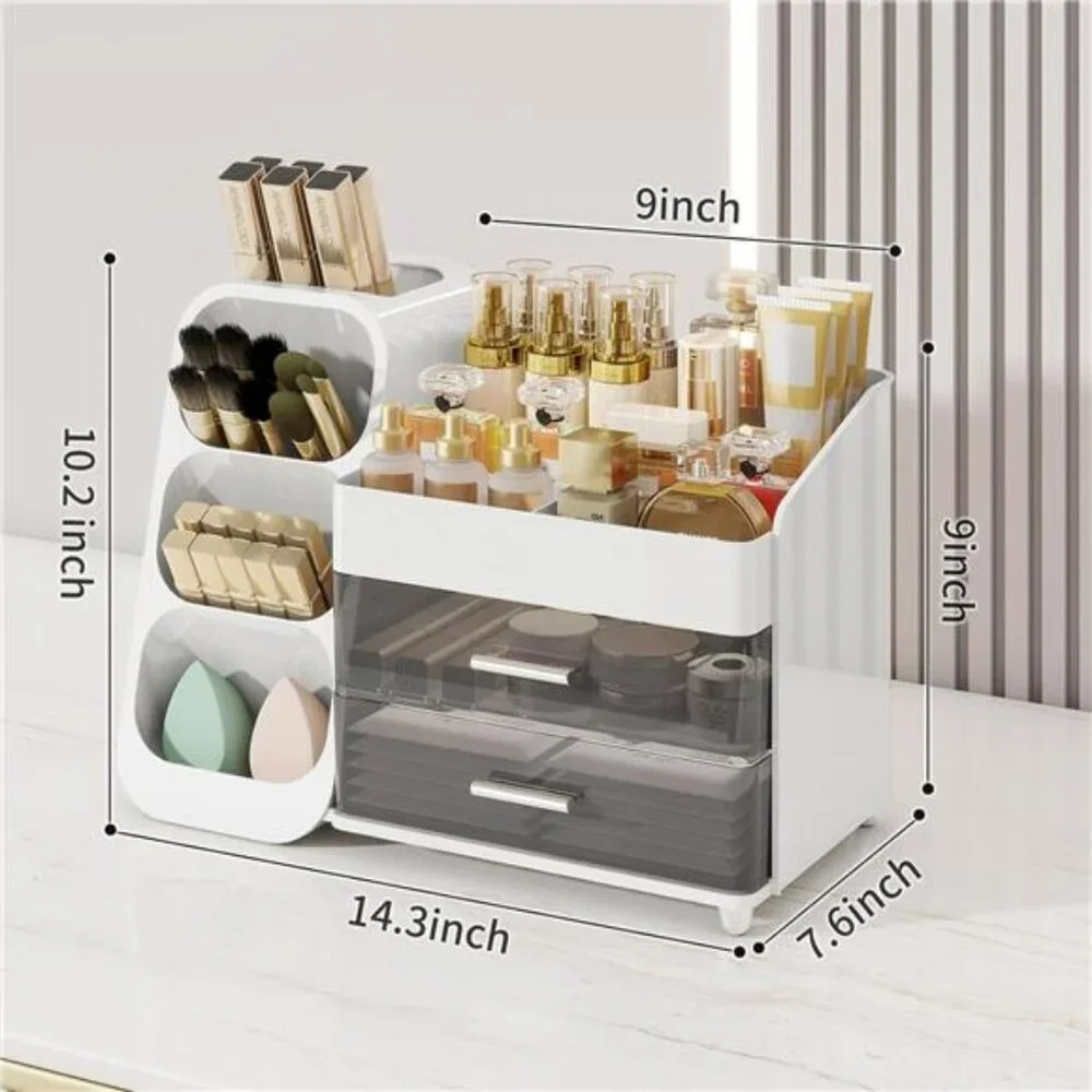 Makeup Organizer with Drawers Vanity Cosmetic Storage Box Brush Holder Skincare